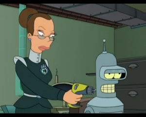 Bureaucracy lady downloading Bender's brain onto a 3.5'' floppy disk